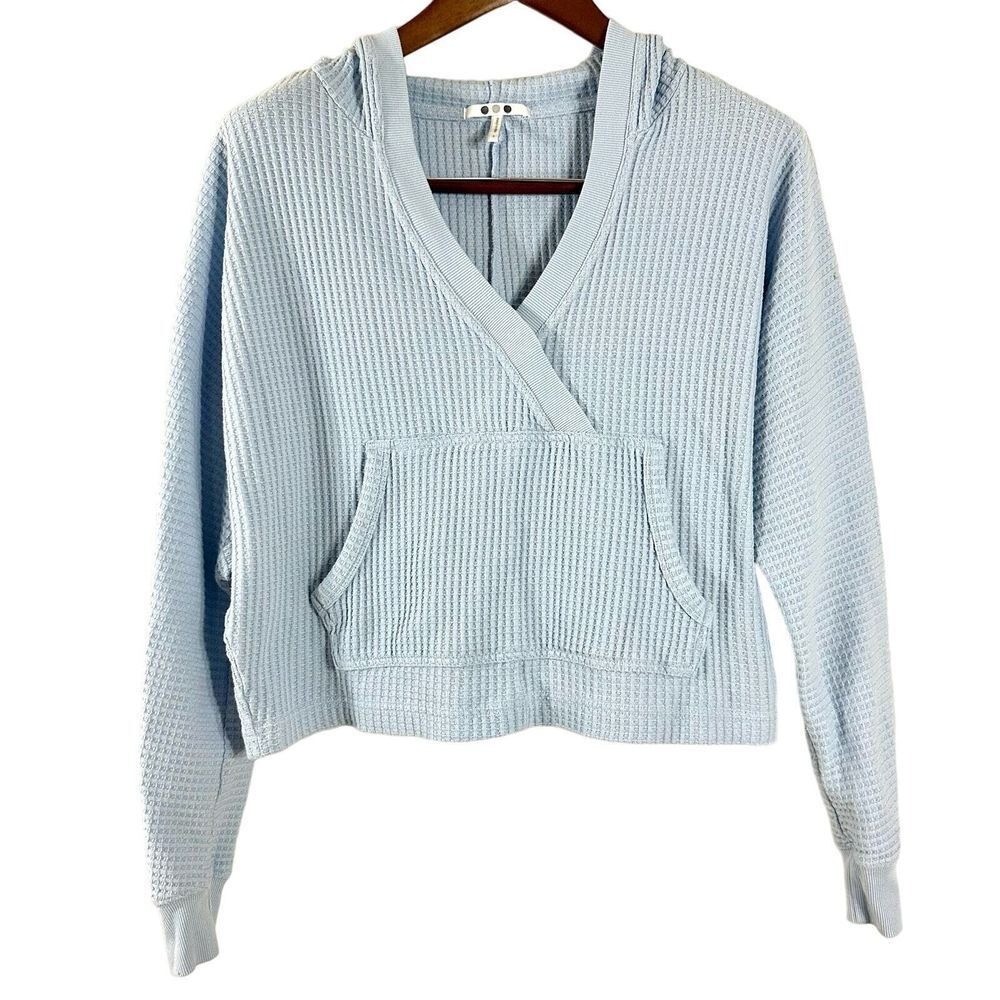 Three Dots Womens Light Blue Waffle Knit Crossover V-Neck Cropped Hoodie Small